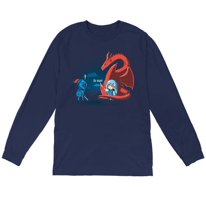 Long Sleeve T-shirt_TeeTurtle navy blue Damsel In Control. Featuring a damsel with a dragon telling a knight trying to rescue the damsel to go away.