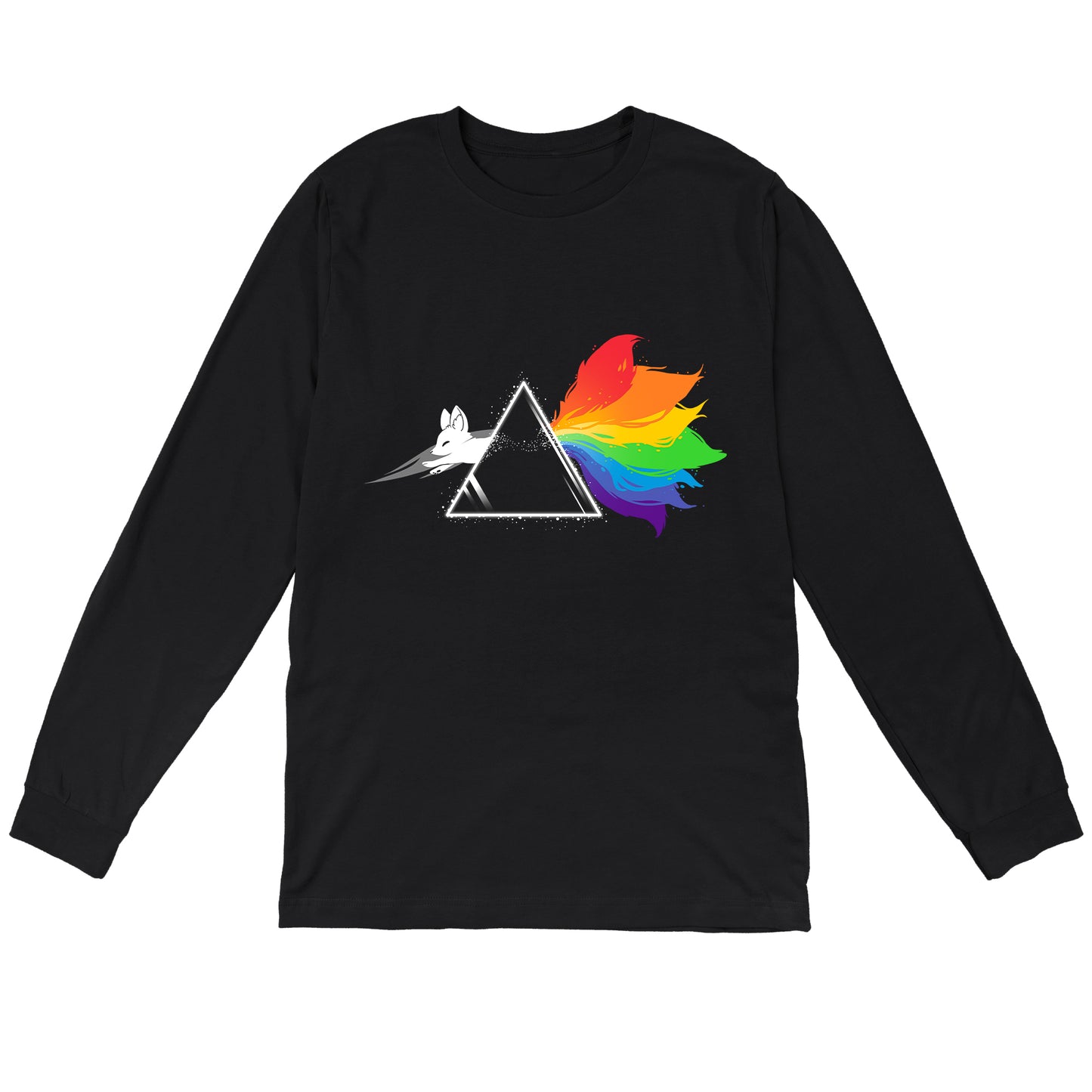 Long Sleeve T-shirt_TeeTurtle black Dark Side of the Kitsune. Featuring a white kitsune jumping through a triangular prism with a rainbow-colored tail.