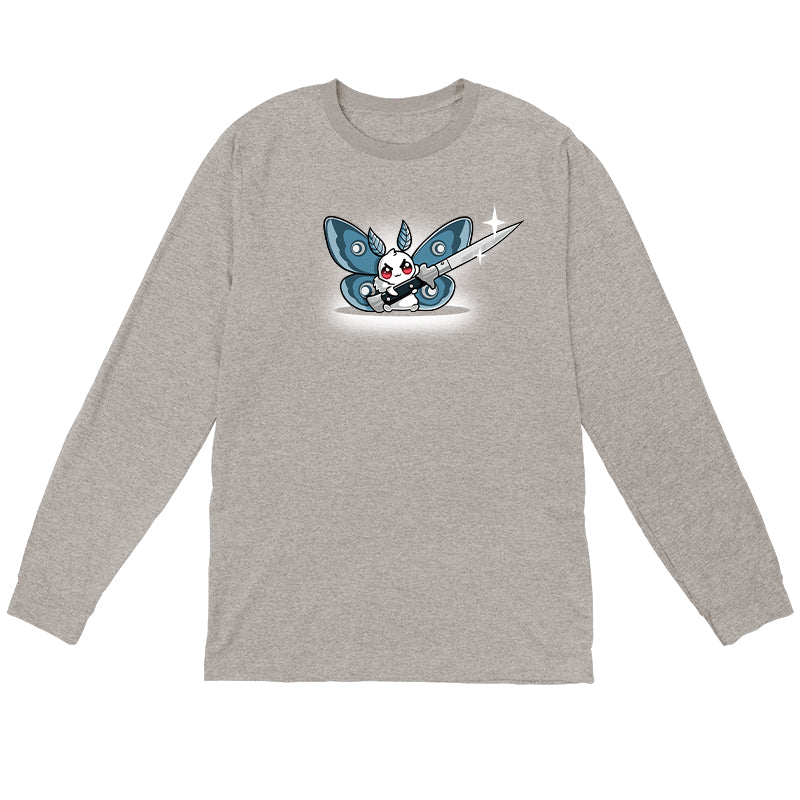 Long Sleeve T-shirt_TeeTurtle Deadly Moth heather gray t-shirt featuring a moth character with red eyes and blue wings holds a large shiny knife with a smile that hints at dark humor.