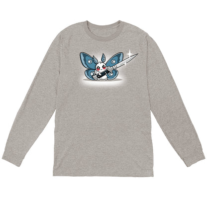 Long Sleeve T-shirt_TeeTurtle Deadly Moth silver gray t-shirt featuring a moth character with red eyes and blue wings holds a large shiny knife with a smile that hints at dark humor.