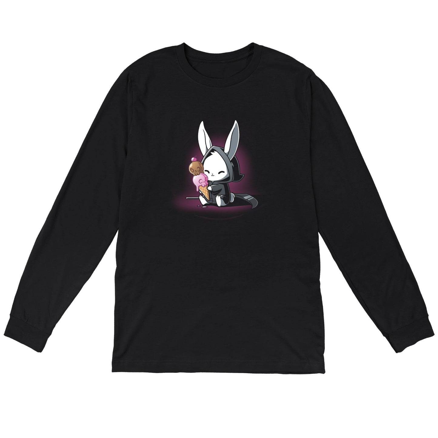 Long Sleeve T-shirt_TeeTurtle Death By Ice Cream black t-shirt featuring a rabbit in a black cloak with a double-scoop ice cream cone.