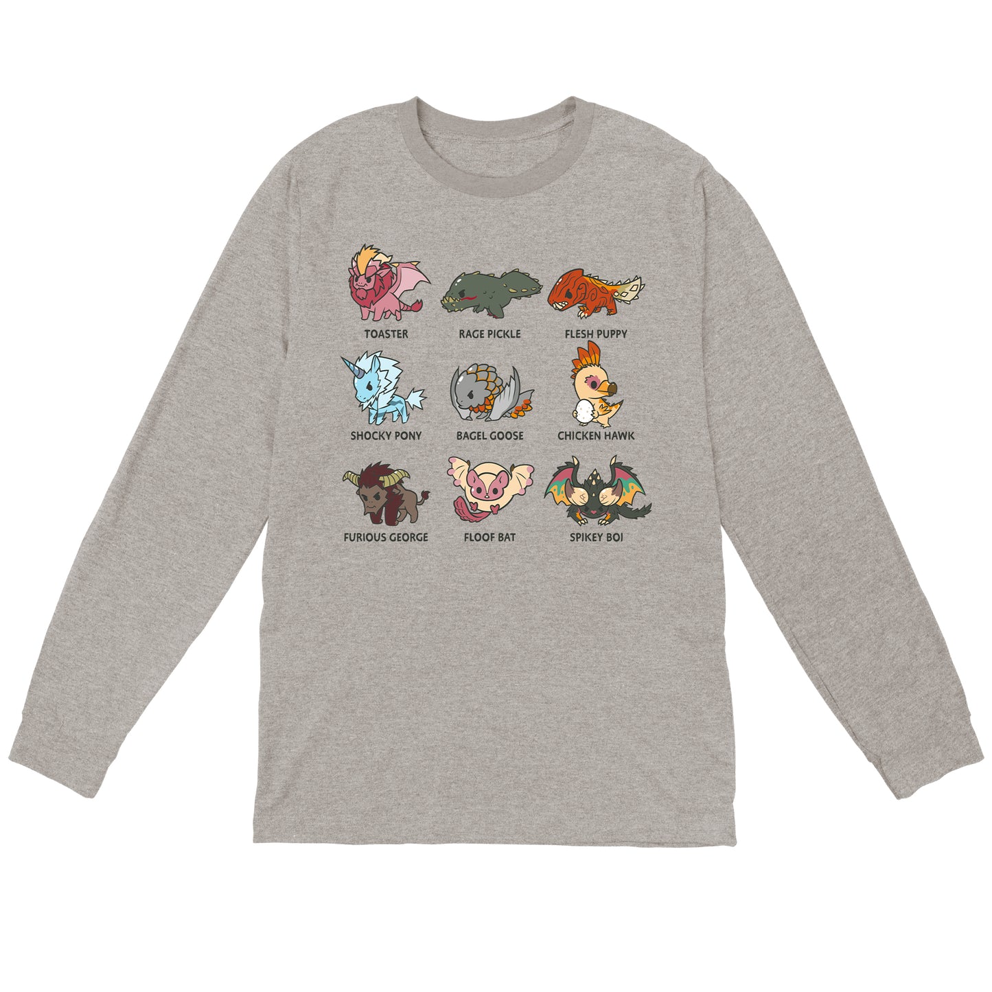 Long Sleeve T-shirt_TeeTurtle heather gray Derpy Monster Hunter Grid apparel featuring various Monster Hunter boss monsters with their fandom nicknames in a grid, in the order of Toaster, Rage Pickle, Flesh Puppy, Shock Pony, Bagel Goose, Chicken Hawk, Furious George, Floof Bat, and Spikey Boi.