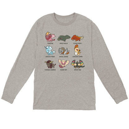Long Sleeve T-shirt_TeeTurtle heather gray Derpy Monster Hunter Grid apparel featuring various Monster Hunter boss monsters with their fandom nicknames in a grid, in the order of Toaster, Rage Pickle, Flesh Puppy, Shock Pony, Bagel Goose, Chicken Hawk, Furious George, Floof Bat, and Spikey Boi.