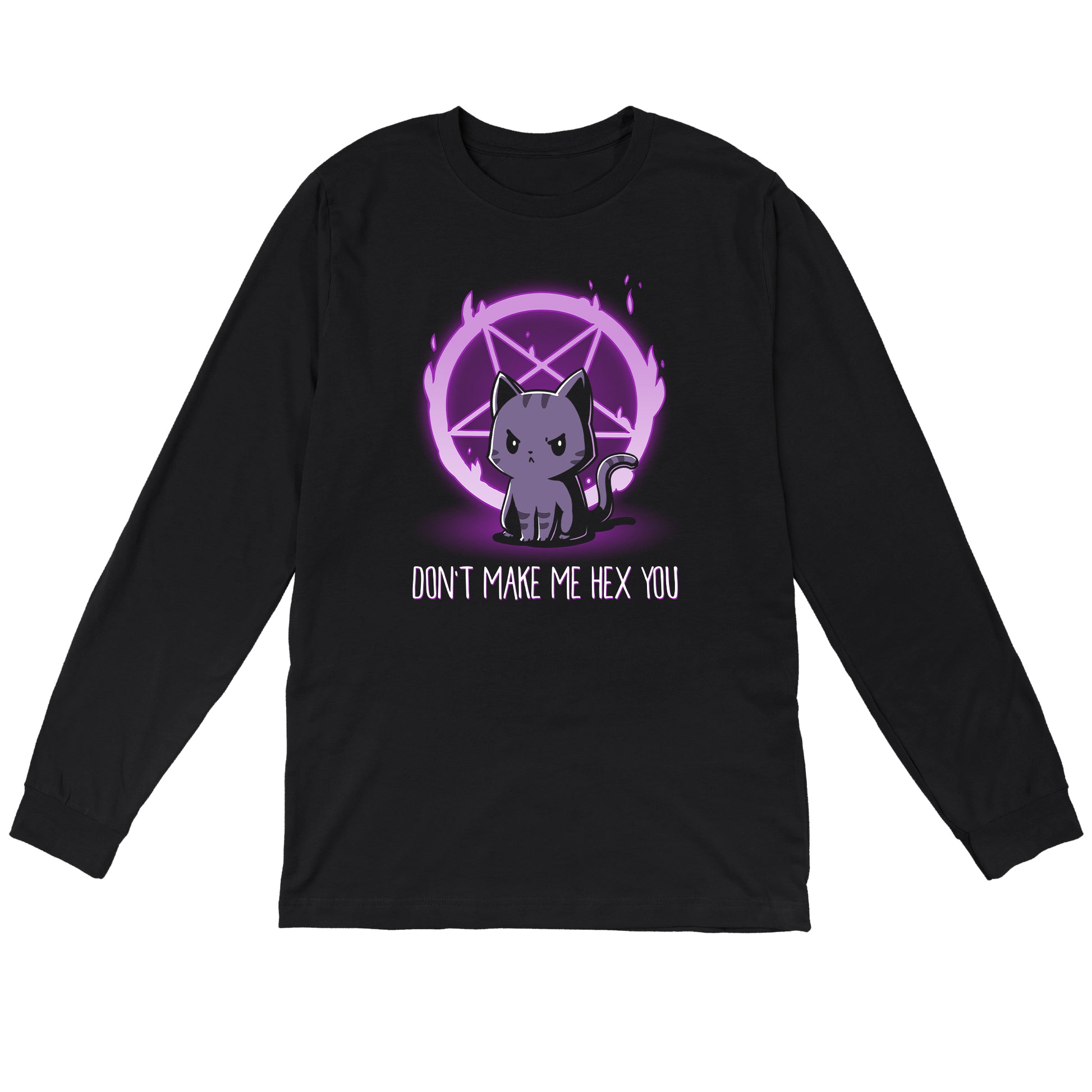 Long Sleeve T-shirt_TeeTurtle Don't Make Me Hex You black t-shirt featuring a cat in front of a purple flaming pentagram.