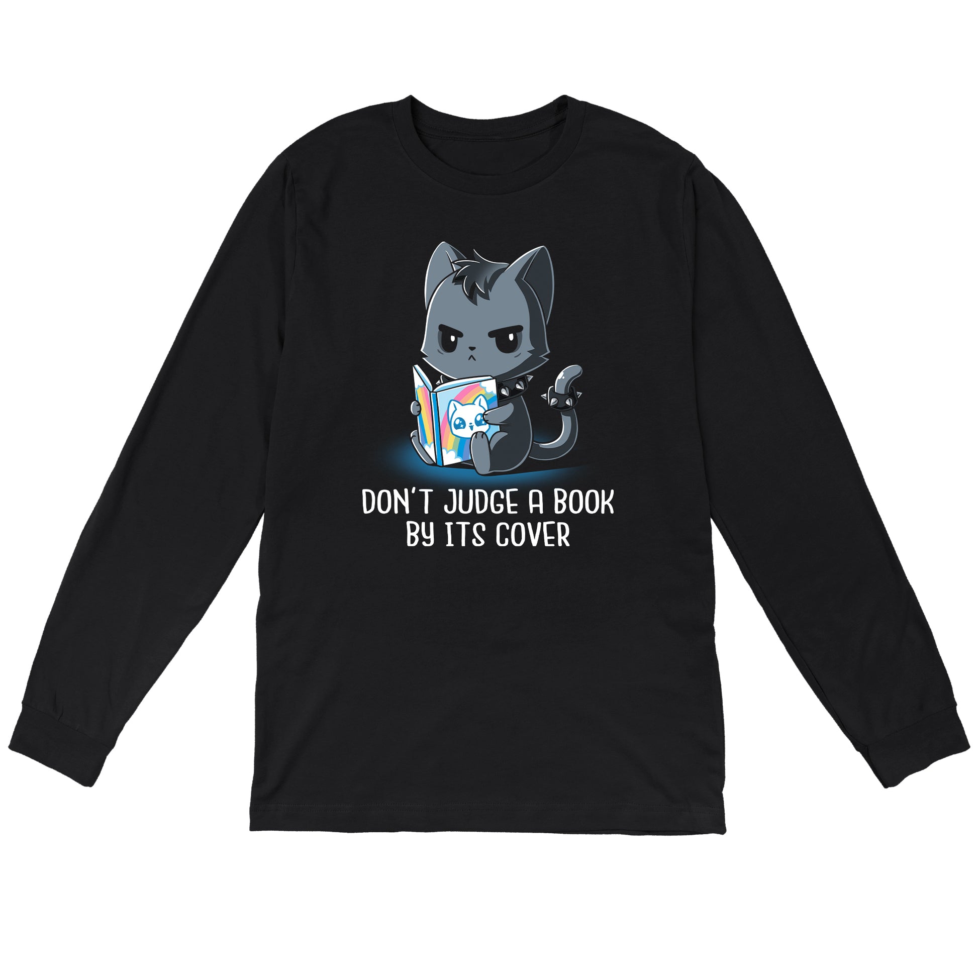 Long Sleeve T-shirt_TeeTurtle Don't Judge a Book By It's Cover black t-shirt featuring seemingly grumpy, goth-looking cat wearing a spiked collar and spiked ring on its tail reading a bright, happy-looking rainbow-covered book above the text 'Don't Judge A Book By Its Cover.'