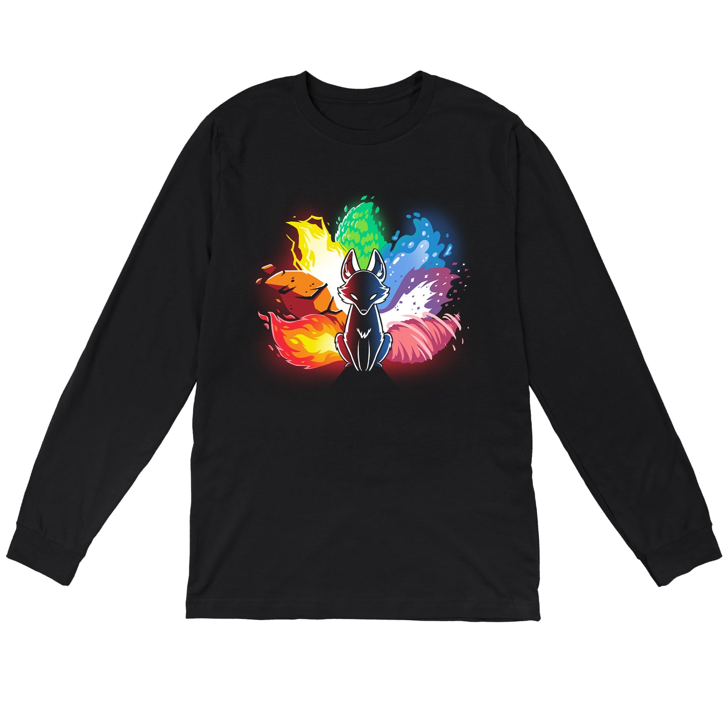 Long Sleeve T-shirt_Stylized image of an Elemental Kitsune with elements of fire, water, earth, and air surrounding it. The fox is in a sitting position with a black body and glowing eyes. This design graces our monsterdigital Elemental Kitsune, offering both comfort and style.