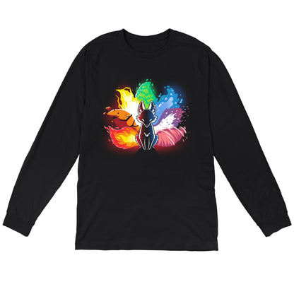 Long Sleeve T-shirt_Stylized image of an Elemental Kitsune with elements of fire, water, earth, and air surrounding it. The fox is in a sitting position with a black body and glowing eyes. This design graces our monsterdigital Elemental Kitsune, offering both comfort and style.