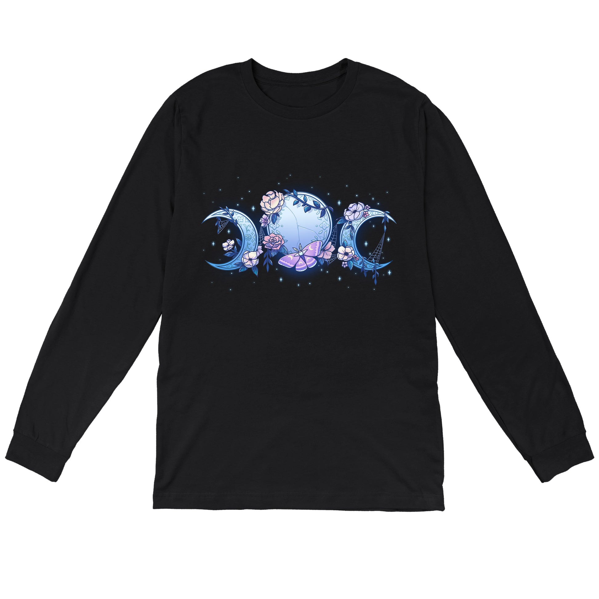 Long Sleeve T-shirt_TeeTurtle black Enchanted Moons featuring a full moon surrounded by crescent moons on each side with flowers, cobwebs, and a moth.