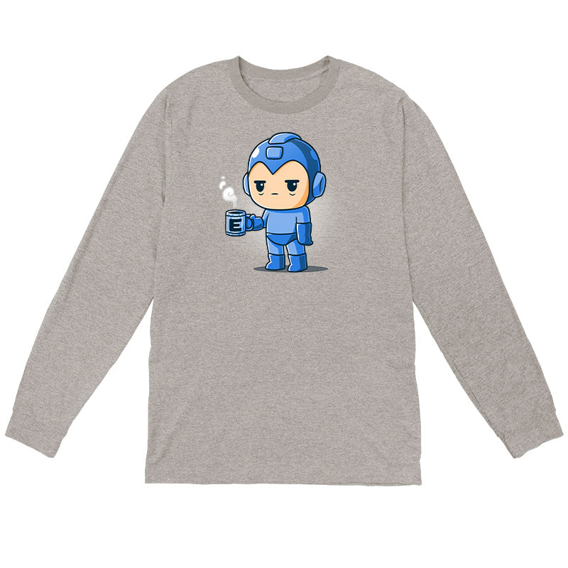 Long Sleeve T-shirt_TeeTurtle heather gray Energy Capsule Needed apparel featuring a slee-deprived Mega Mag holding a steaming blue cup of coffee with an E on it.