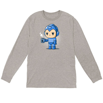 Long Sleeve T-shirt_TeeTurtle heather gray Energy Capsule Needed apparel featuring a slee-deprived Mega Mag holding a steaming blue cup of coffee with an E on it.