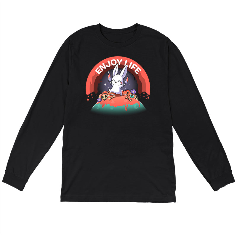 Long Sleeve T-shirt_TeeTurtle black Enjoy Life apparel featuring a bunny holding bloody knives in both paws, and skipping on a grassy hill littered with blood, bones, and purple flowers with a bloody rainbow in the background, and the caption, “Enjoy Life“.