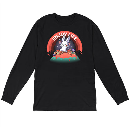 Long Sleeve T-shirt_TeeTurtle black Enjoy Life apparel featuring a bunny holding bloody knives in both paws, and skipping on a grassy hill littered with blood, bones, and purple flowers with a bloody rainbow in the background, and the caption, “Enjoy Life“.