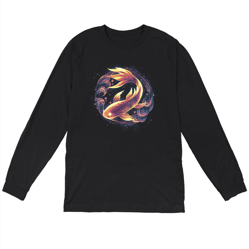 Long Sleeve T-shirt_TeeTurtle black Ethereal Koi apparel featuring a bronze koi with gold highlights framed by a circle with cloud elements.