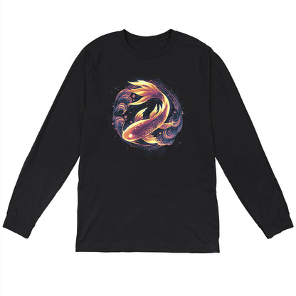 Long Sleeve T-shirt_TeeTurtle black Ethereal Koi apparel featuring a bronze koi with gold highlights framed by a circle with cloud elements.