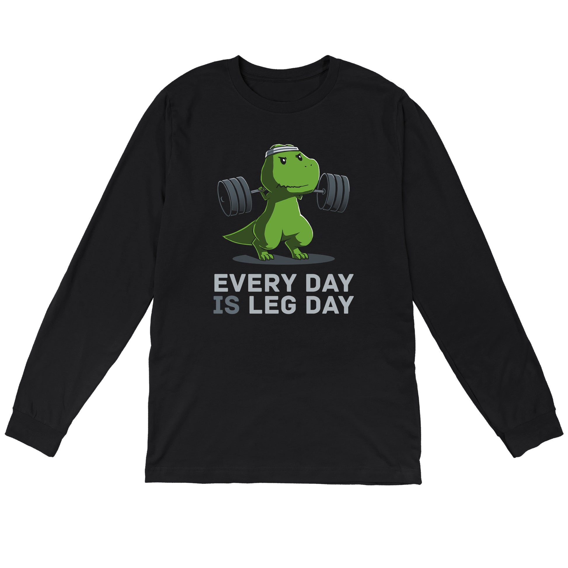 Long Sleeve T-shirt_TeeTurtle black Every Day Is Leg Day. Featuring a t-rex lifting a barbell.