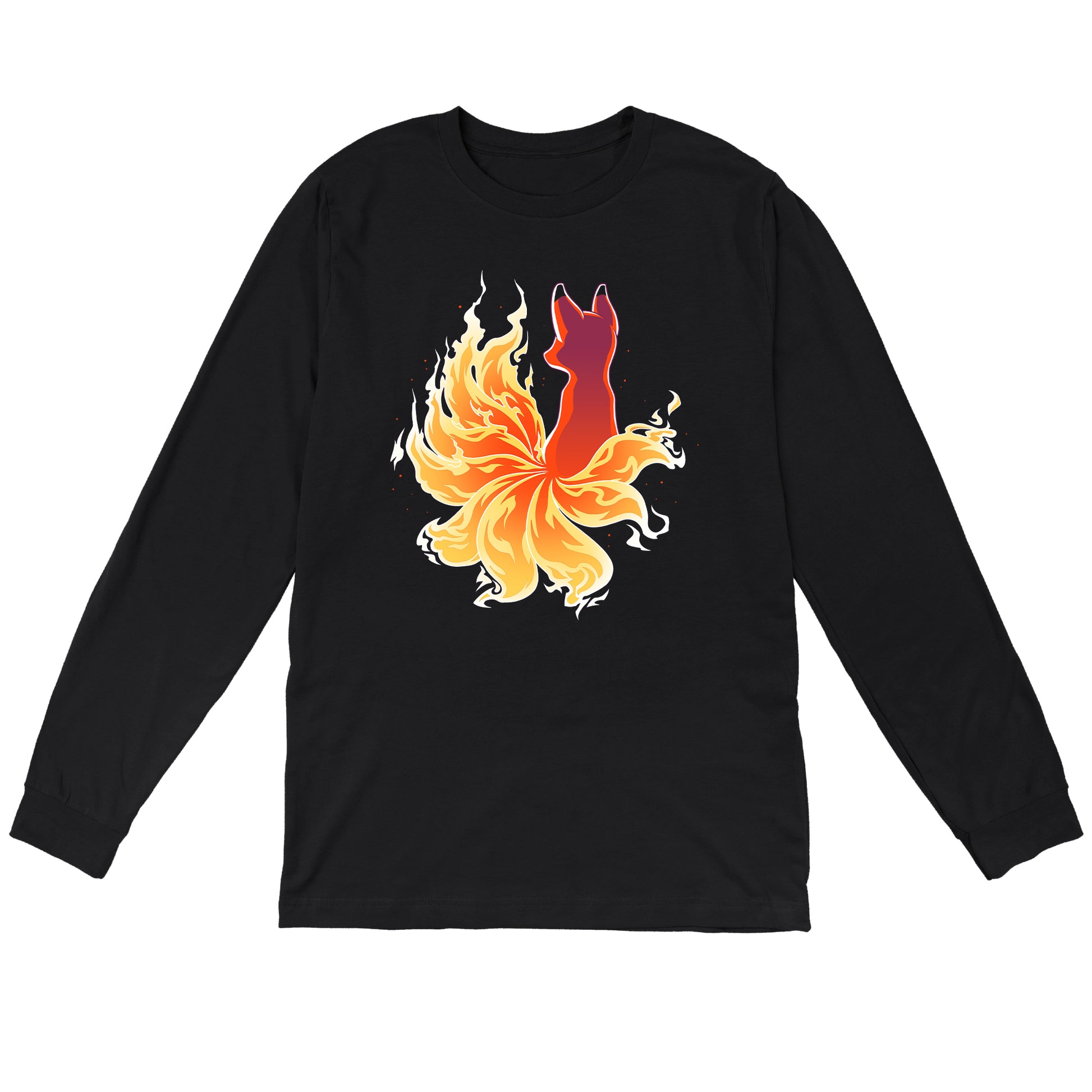 Long Sleeve T-shirt_TeeTurtle black Fire Kitsune. Featuring a kitsune with fiery tail.