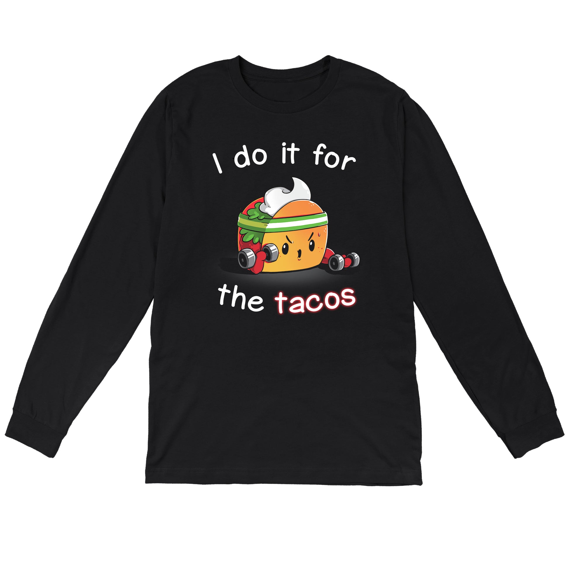 Long Sleeve T-shirt_TeeTurtle For the Tacos black t-shirt featuring a taco lifting weights.