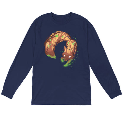 Long Sleeve T-shirt_Illustrated fox with tree bark texture and green leaves on its body, bending in a circular shape against a dark background with glowing green particles on a super soft ringspun cotton Forest Fox apparel by monsterdigital.