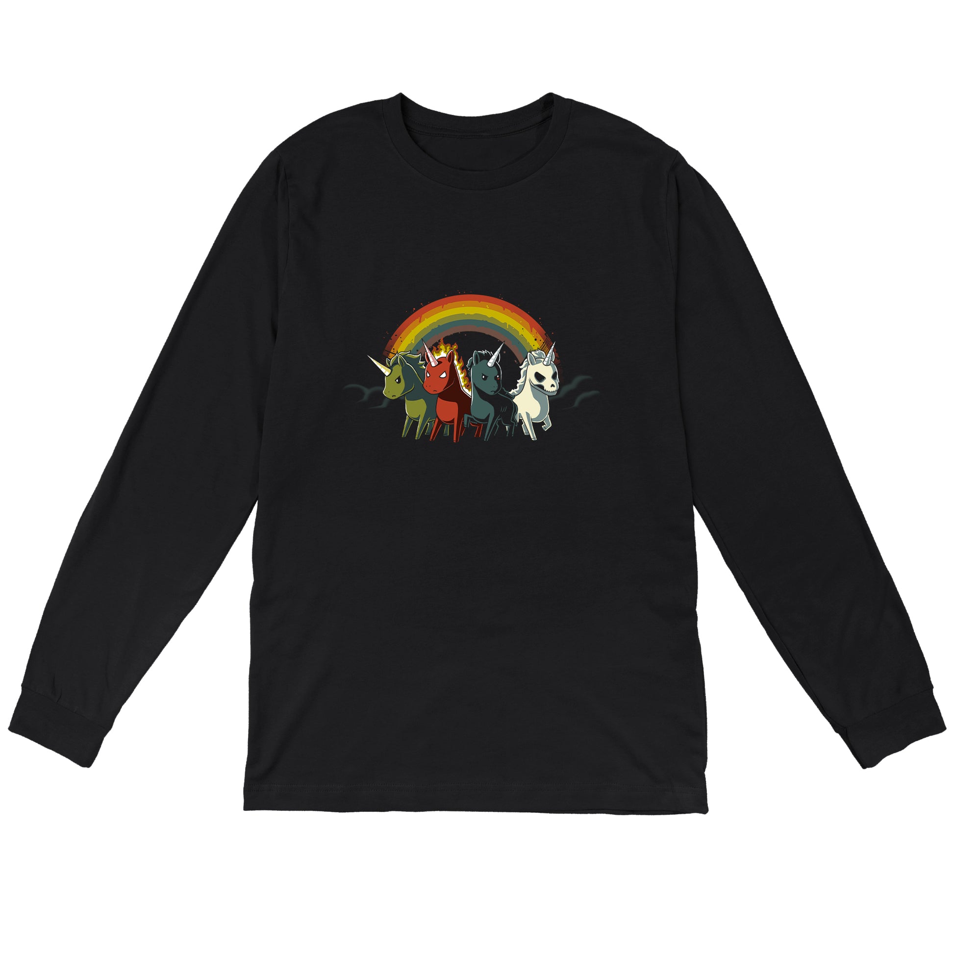 Long Sleeve T-shirt_TeeTurtle black Four Unicorns of the Apocalypse. Featuring four apocalyptic unicorns with a rainbow in the background.