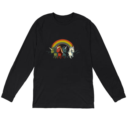 Long Sleeve T-shirt_TeeTurtle black Four Unicorns of the Apocalypse. Featuring four apocalyptic unicorns with a rainbow in the background.