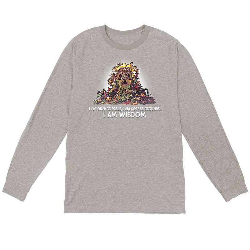 Long Sleeve T-shirt_TeeTurtle heather gray I Am Wisdom apparel featuring Marjory the Trash Heap from Fraggle Rock with her iconic saying as a caption, “I am Orange peels, I am Coffee Grounds, I am Wisdom“.