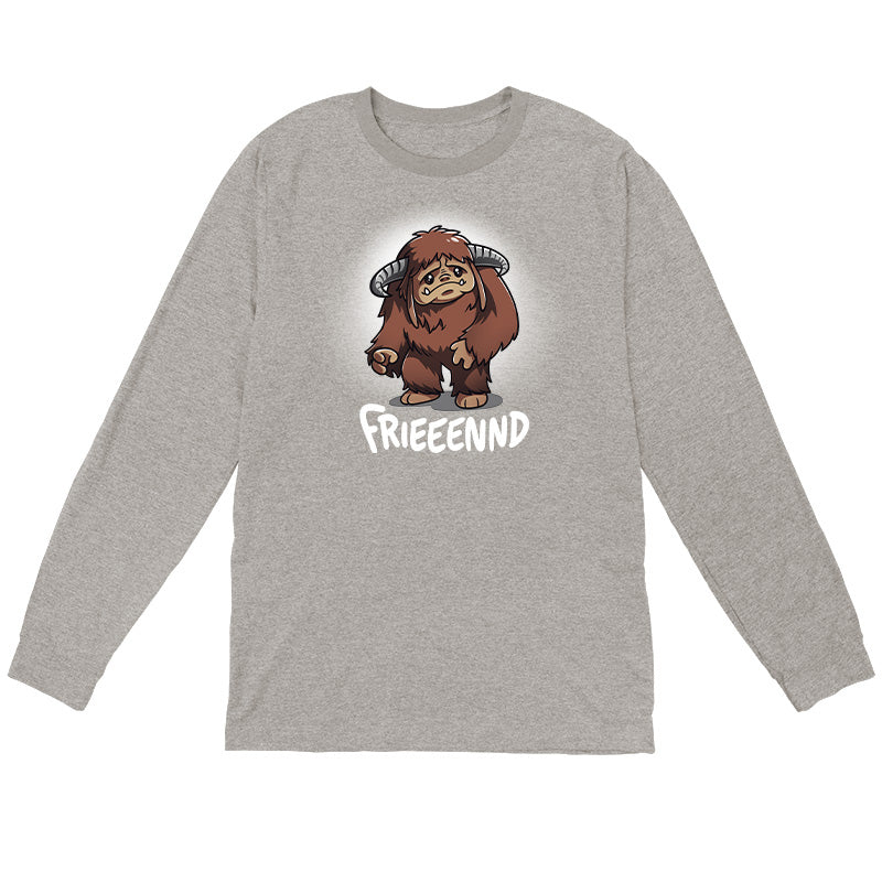 Long Sleeve T-shirt_TeeTurtle heather gray Frieeennd apparel featuring a sad Ludo, with the caption, “Frieeennd“.