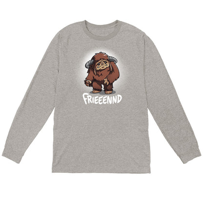 Long Sleeve T-shirt_TeeTurtle heather gray Frieeennd apparel featuring a sad Ludo, with the caption, “Frieeennd“.
