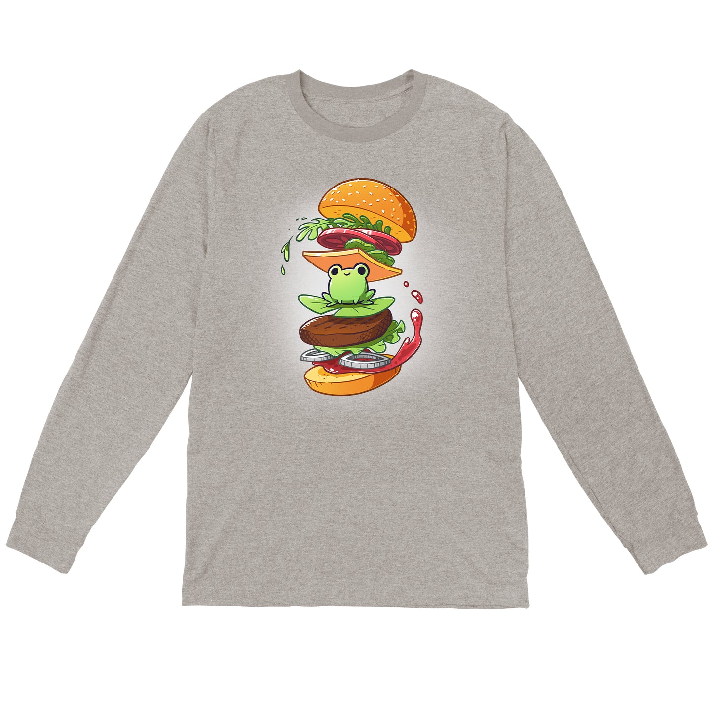 Long Sleeve T-shirt_TeeTurtle heather gray Frog Burger featuring a frog in the middle of a burger’s floating ingredients.