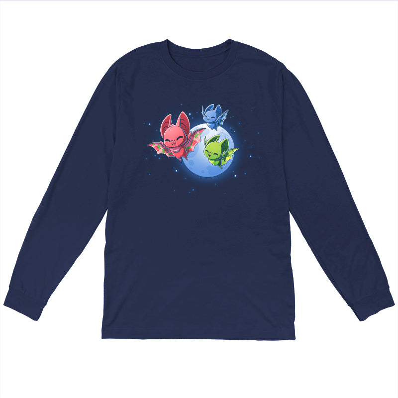 Long Sleeve T-shirt_TeeTurtle Fruit Bats navy blue t-shirt featuring three colorful fruit bats (red, green, blue) with decorative wings flying against a night sky with a full moon and stars.