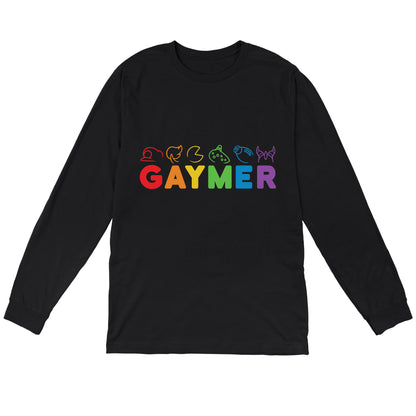 Long Sleeve T-shirt_TeeTurtle black Gaymer. Featuring rainbow text spelling out, "Gaymer" with video game elements on top.