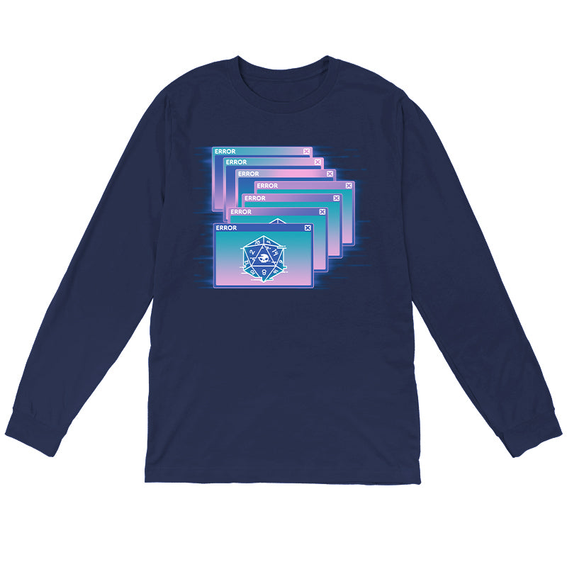 Long Sleeve T-shirt_TeeTurtle GlitchWave D20 navy blue t-shirt featuring a series of overlapping error messages with a vaporwave gradient background, featuring an icon of a 20-sided die displaying numbers and a skull symbol.