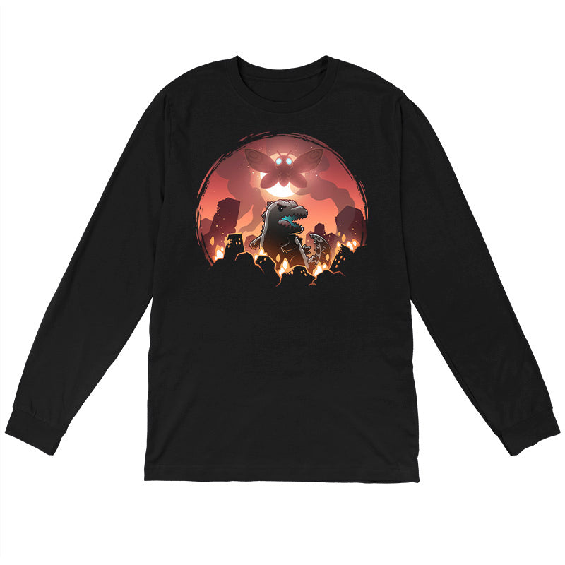 Long Sleeve T-shirt_TeeTurtle black Godzilla and Mothra Rampage apparel featuring Godzilla rampaging around a burning city with Mothra floating in the sky in front of a full moon.