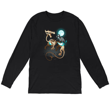 Long Sleeve T-shirt_TeeTurtle Grim Night black t-shirt featuring a grim reaper riding on a skeletal dragon under a spooky full moon.