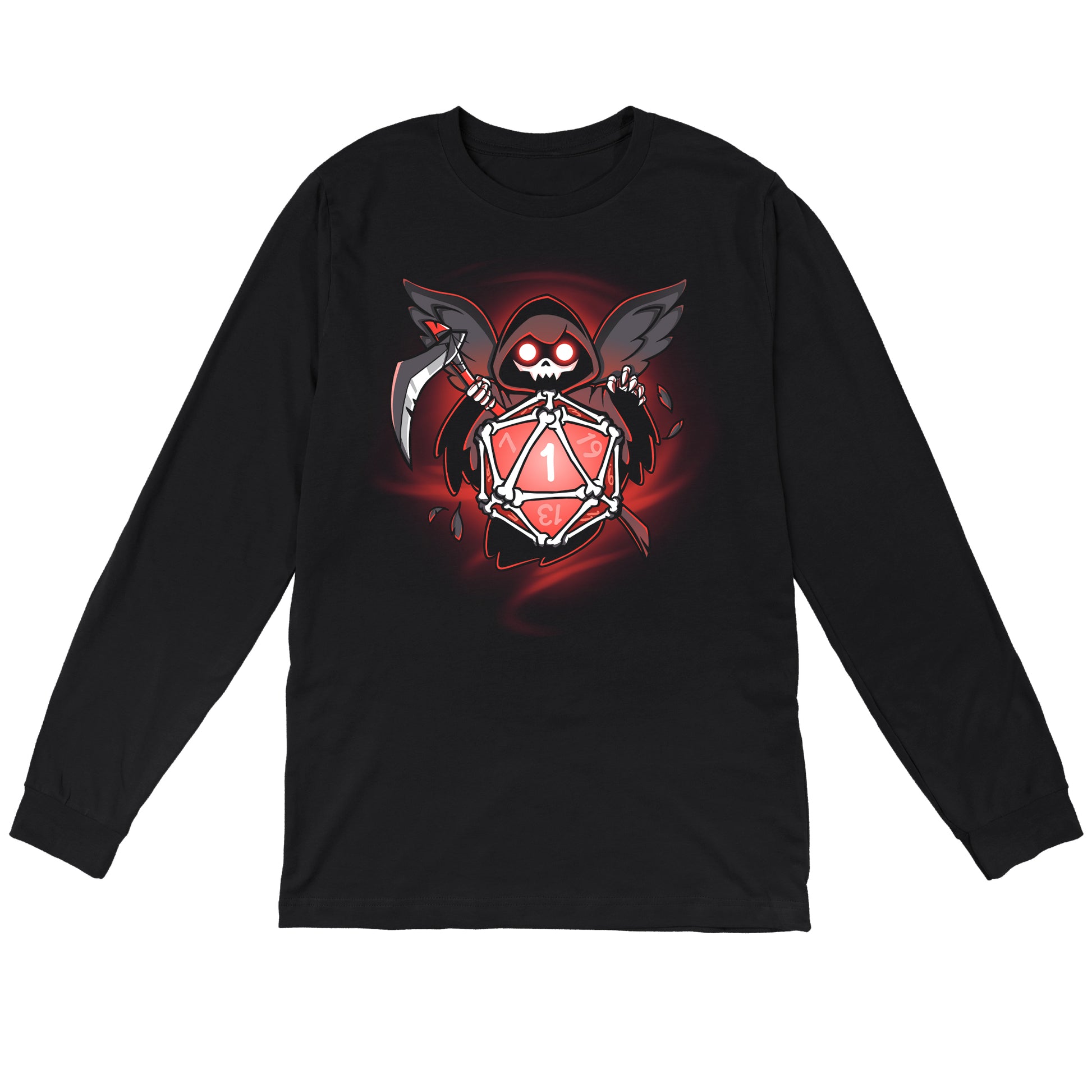 Long Sleeve T-shirt_TeeTurtle Grim Reaper's Roll black t-shirt featuring a hooded figure with wings and a scythe, holding a red 20-sided dice showing the number 1, surrounded by a dark, swirling background.