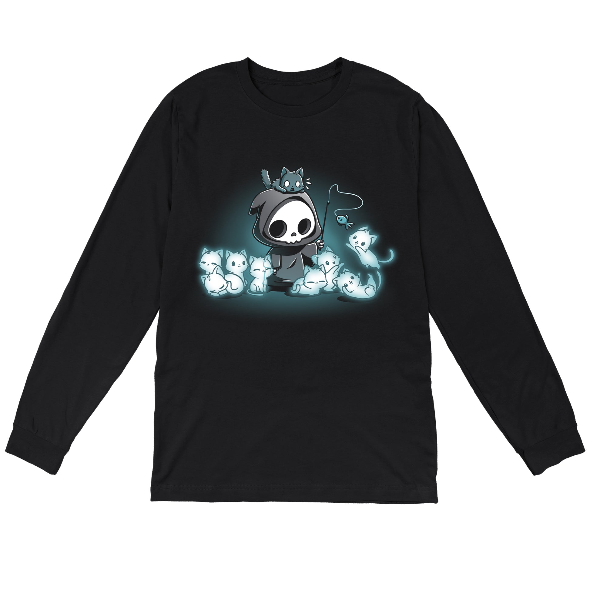 Long Sleeve T-shirt_TeeTurtle Grim and Kitties black t-shirt featuring a hooded skeleton figure, resembling a spooky Grim Reaper, standing surrounded by glowing ghostly cats. One cat is perched on its head while it playfully dangles a toy fish in front of the others.