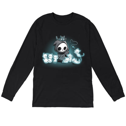 Long Sleeve T-shirt_TeeTurtle Grim and Kitties black t-shirt featuring a hooded skeleton figure, resembling a spooky Grim Reaper, standing surrounded by glowing ghostly cats. One cat is perched on its head while it playfully dangles a toy fish in front of the others.