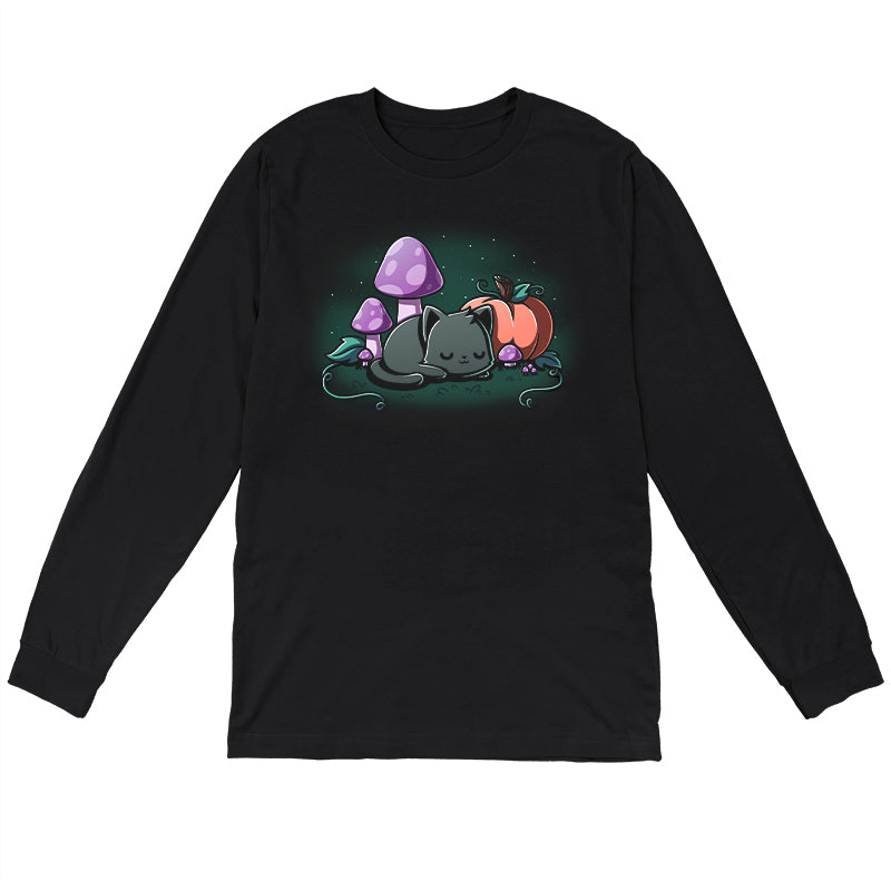Long Sleeve T-shirt_TeeTurtle black Harvest Haze apparel featuring a black cat sleeping among a pumpkin and purple mushrooms.