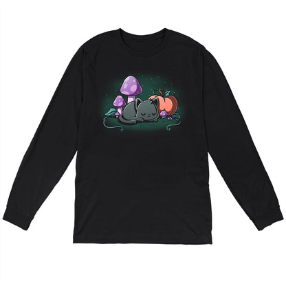 Long Sleeve T-shirt_TeeTurtle black Harvest Haze apparel featuring a black cat sleeping among a pumpkin and purple mushrooms.