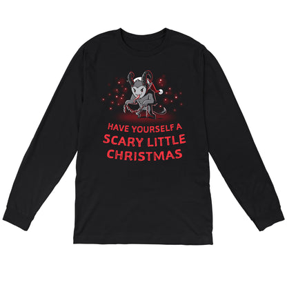 Long Sleeve T-shirt_TeeTurtle   Have Yourself a Scary Little Christmas (Krampus) black t-shirt featuring a horned creature wearing a Santa hat and holding chains, with the text "Have Yourself a Scary Little Christmas."