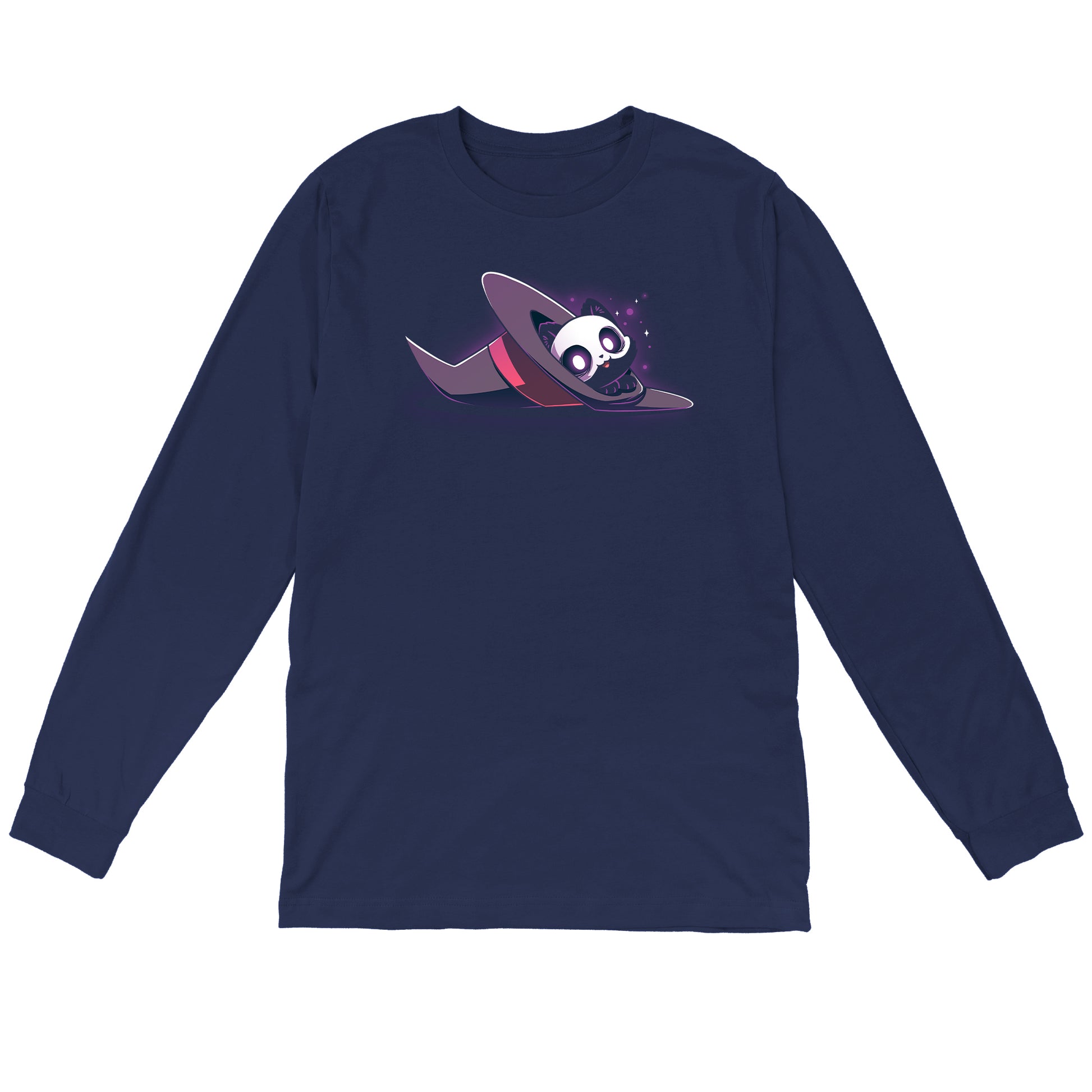 Long Sleeve T-shirt_TeeTurtle navy blue Hocus Purrcus apparel featuring a black cat with a skeleton mask peeking out of a purple witch hat lying on its side.
