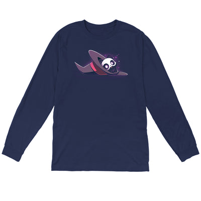 Long Sleeve T-shirt_TeeTurtle navy blue Hocus Purrcus apparel featuring a black cat with a skeleton mask peeking out of a purple witch hat lying on its side.