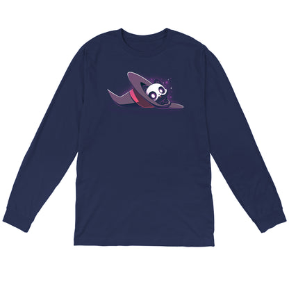 Long Sleeve T-shirt_TeeTurtle navy blue Hocus Purrcus apparel featuring a black cat with a skeleton mask peeking out of a purple witch hat lying on its side.