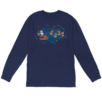 Long Sleeve T-shirt_TeeTurtle navy blue Houston, We Have a Santa apparel featuring Santa Claus on a sleigh with his reindeer floating in space with plants and stars in the background.