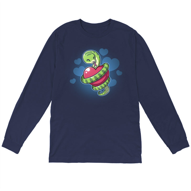 Long Sleeve T-shirt_TeeTurtle  navy blue Hugs and Hisses apparel featuring a green snake coiled around a red heart with blue hearts in the background.