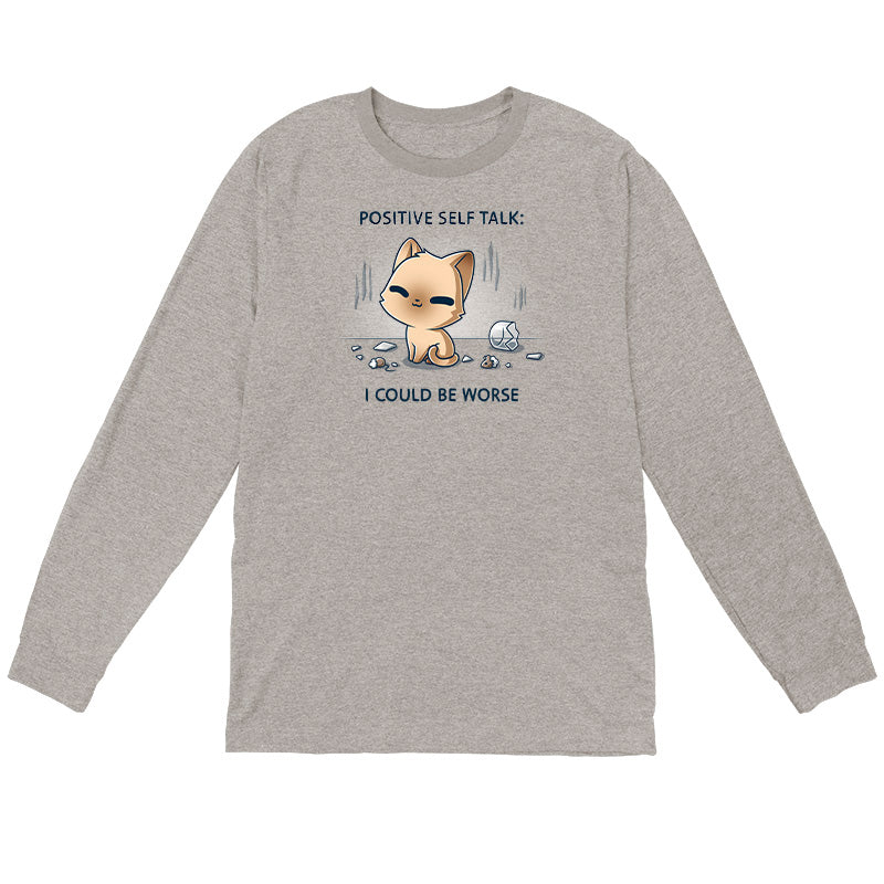 Long Sleeve T-shirt_TeeTurtle light gray I Could Be Worse Long Sleeve T-shirt featuring a content orange cat sitting beside a shattered vase with the text "Positive Self Talk: I Could Be Worse."
