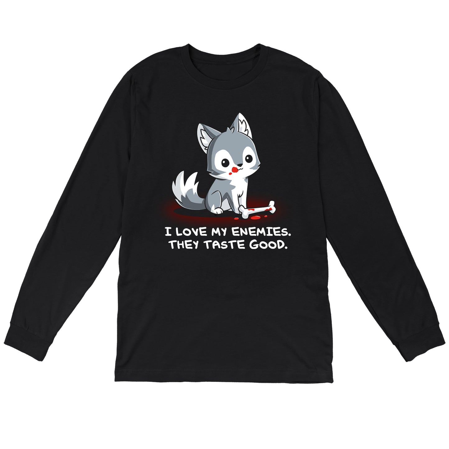 Long Sleeve T-shirt_TeeTurtle I Love My Enemies black t-shirt featuring wolf with blood on its muzzle holding a bone, accompanied by the text "I Love My Enemies. They Taste Good."