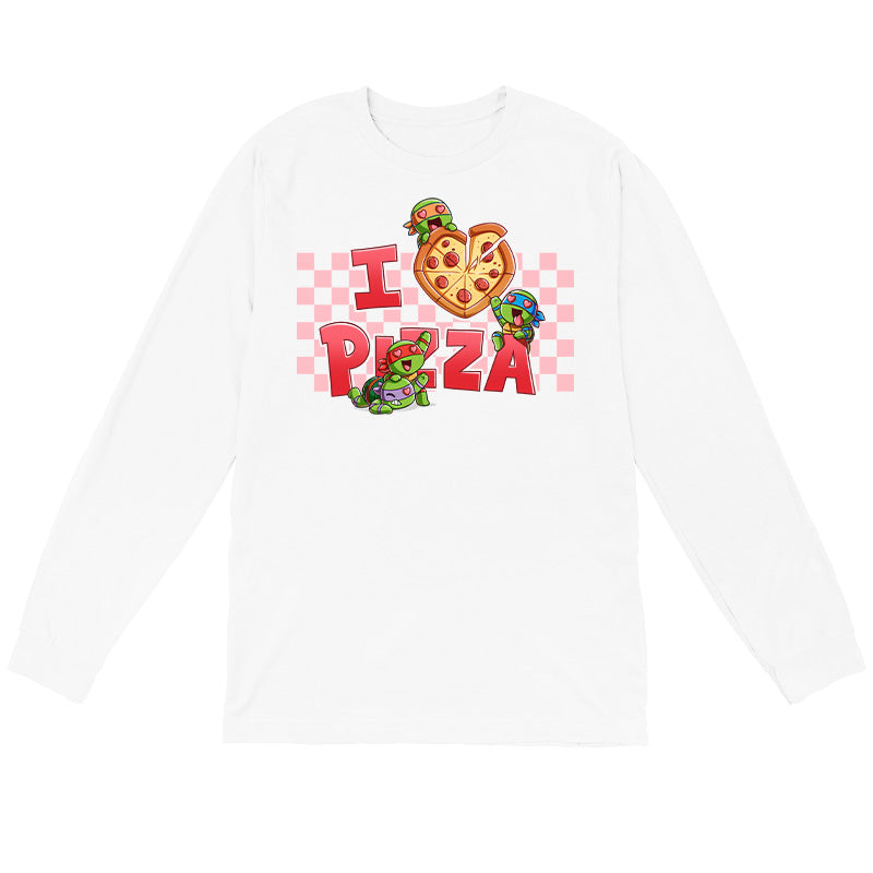 Long Sleeve T-shirt_TeeTurtle white I Love Pizza apparel featuring the caption, “I Heart Pizza“, with the heart as a heart-shaped pizza, and Leonardo, Michelangelo, Donatello, and Raphael with heart eyes fighting over the pizza.