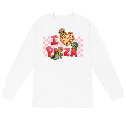 Long Sleeve T-shirt_TeeTurtle white I Love Pizza apparel featuring the caption, “I Heart Pizza“, with the heart as a heart-shaped pizza, and Leonardo, Michelangelo, Donatello, and Raphael with heart eyes fighting over the pizza.