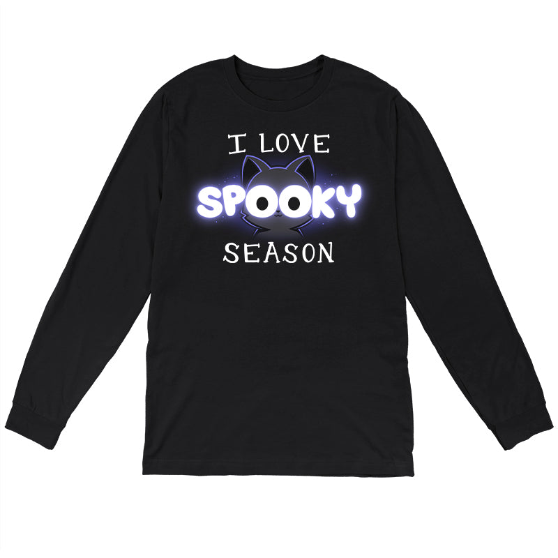 Long Sleeve T-shirt_TeeTurtle black I Love Spooky Season apparel featuring the caption, "I Love Spooky Season" with the two Os formed by the large eyes of a black cat.