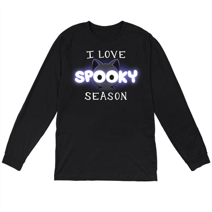 Long Sleeve T-shirt_TeeTurtle black I Love Spooky Season apparel featuring the caption, "I Love Spooky Season" with the two Os formed by the large eyes of a black cat.